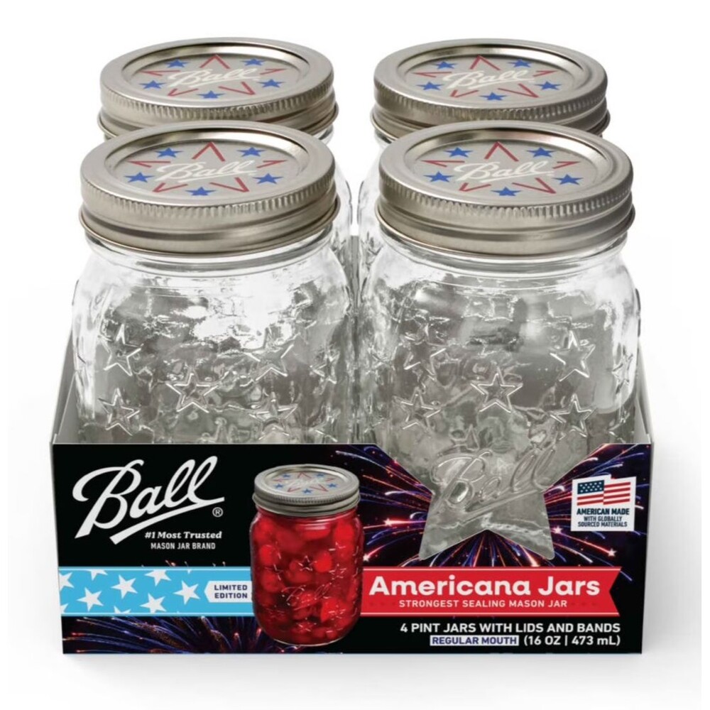 Ball Mason Jars Americana 16 oz Regular Mouth 4-Pack Star Lids & Bands Kitchen